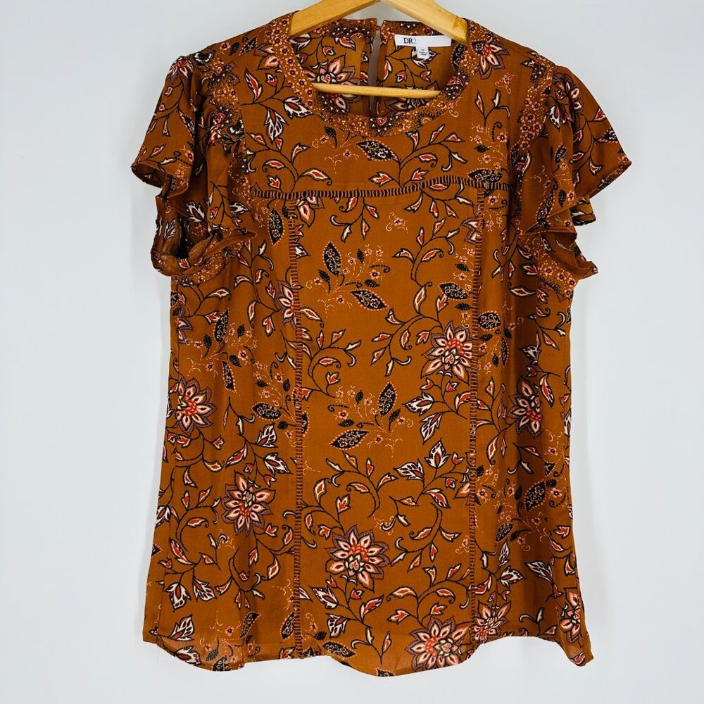 DR2 Copper Brown Floral Ruffle Sleeve Blouse Size M Semi-Sheer
